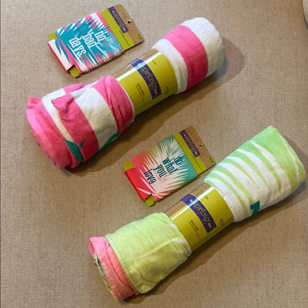 Sale 2/$15* The Spring Shop Two Vibrant Beach Towels w/ matching koozie's. NWT